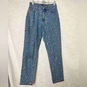 Y2K H&M Yin Yang Embroidered Jeans Straight Leg Hippie Retro Size 24 Women’s